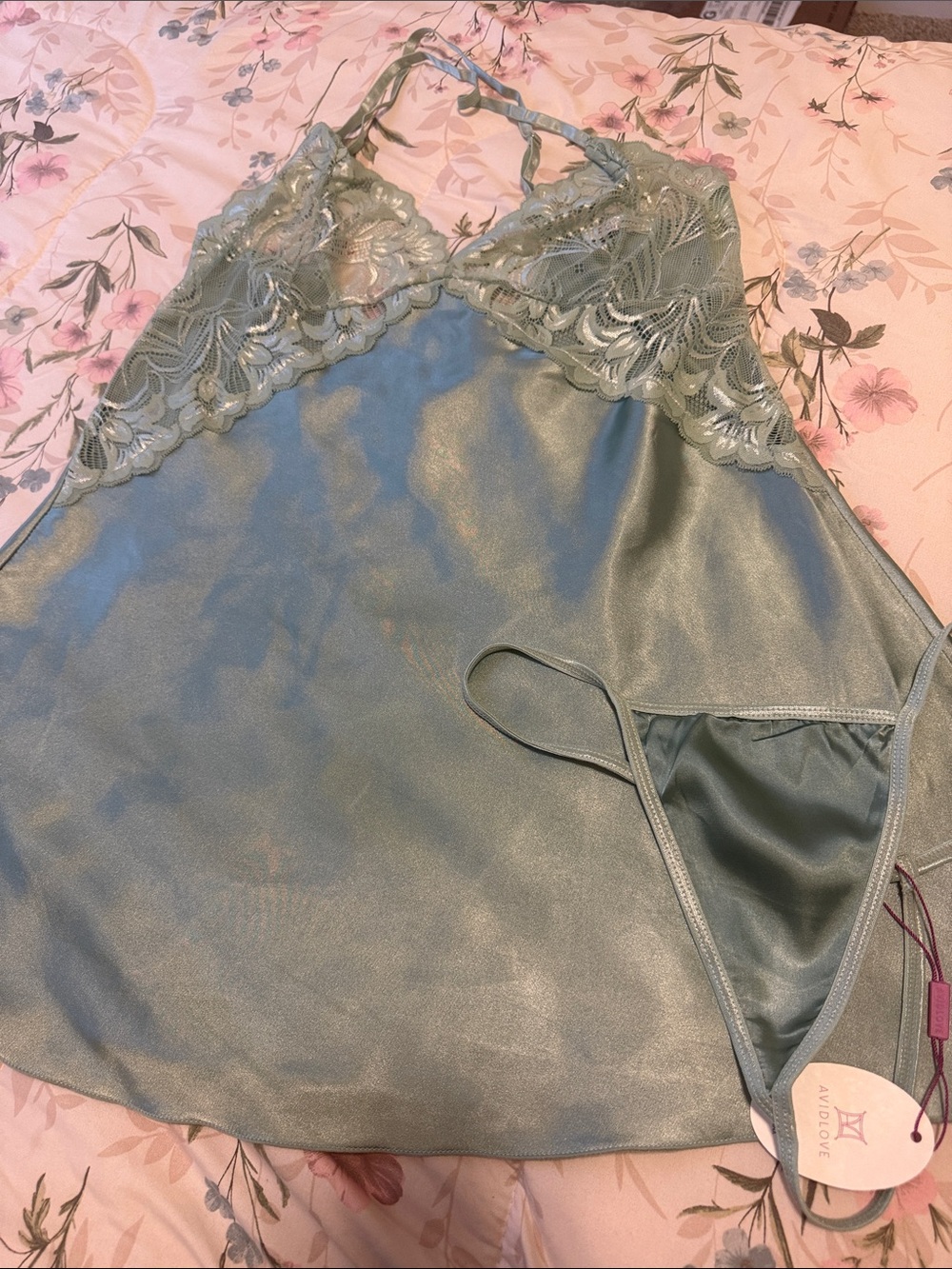 Avidlove Lace-Trim Satin Chemise Slip in Sage Green with matching panty size L
